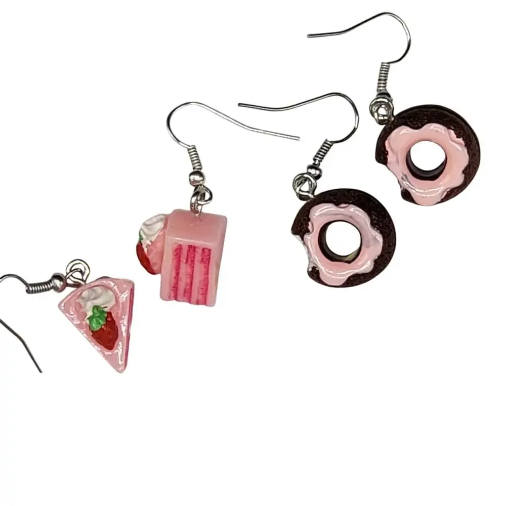 handmade Strawberry layered cake & chocolate donut‎ sweet treat earring set